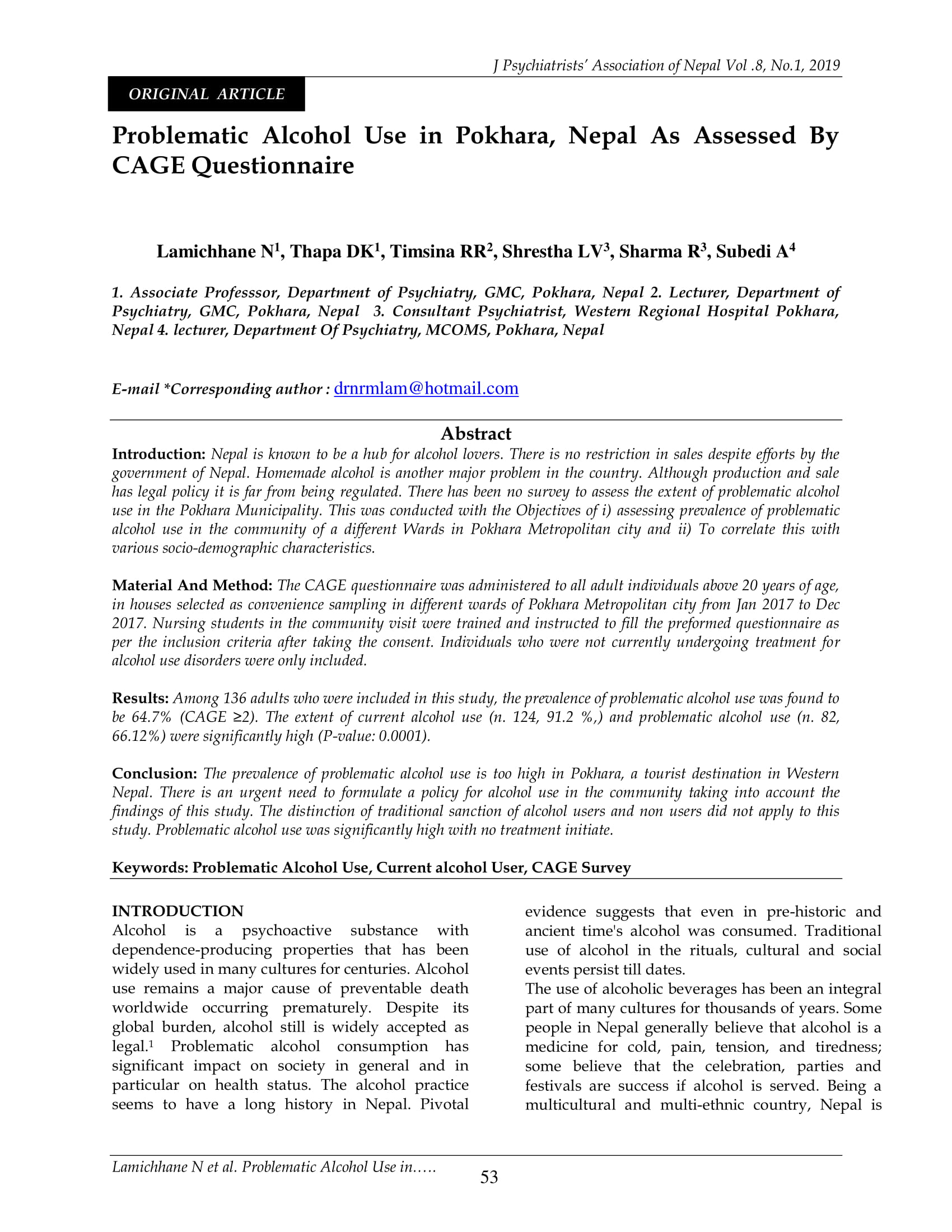 Problematic Alcohol Use In Pokhara, Nepal As Assessed By Cage Questionnaire