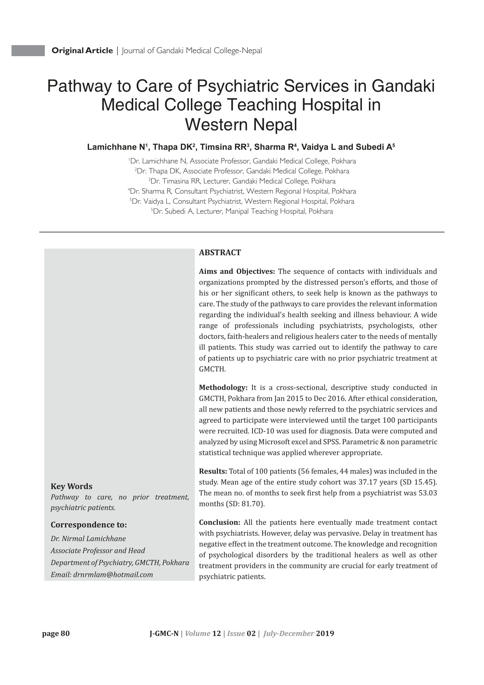 Pathway To Care Of Psychiatric Services In Gandaki Medical College And Teaching Hospital In Western Nepal