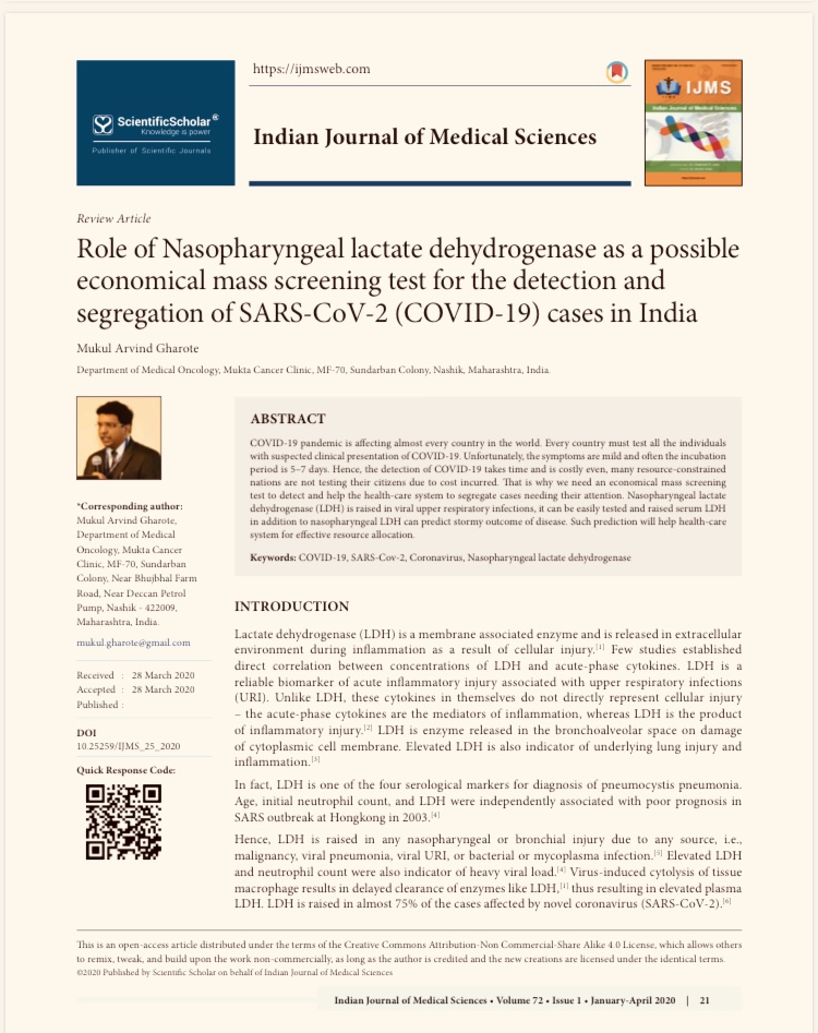 Role of Nasopharyngeal lactate dehydrogenase SARS-CoV-2 (COVID-19)