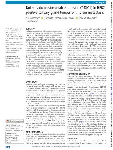 Role of Ado-trastuzumab Emtansine (T-dm1) in Her2 Positive Salivary Gland Tumour With Brain Metastasis